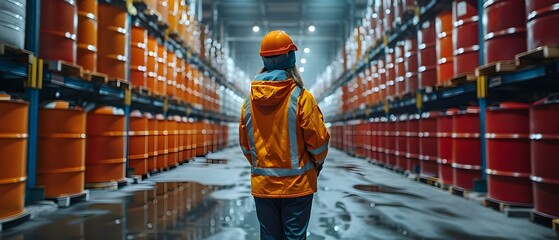 Worker inspects chemical storage drums checks inventory records and maintains containment systems at storage facility. Concept Chemical Storage Drums, Inventory Records, Containment Systems
