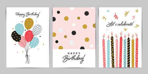 Happy Birthday greeting card and invitation templates with glitter elements. Vector illustration © Ольга Гладій