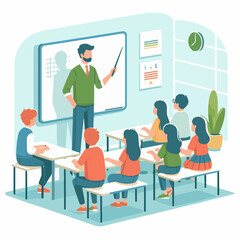 Male teacher teaching in front of the class with students in flat design style