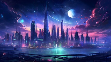 Futuristic city at night. Panorama. 3d render