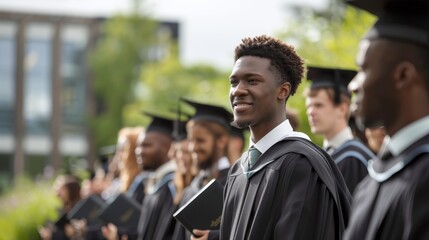 Confident young graduate in line with peers at commencement, proud and hopeful