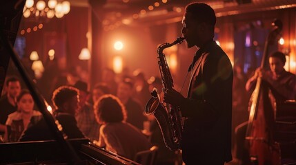 Silhouette of a Jazz Saxophonist Against the Golden Glow of a Club Spotlight - obrazy, fototapety, plakaty