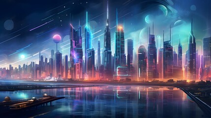 Futuristic night city panorama with illuminated skyscrapers.