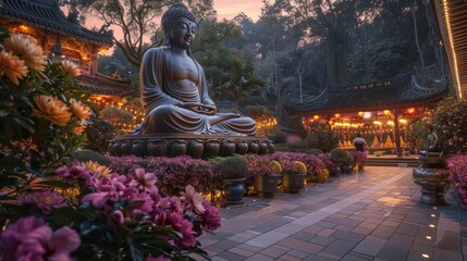 Giant Buddha statue seated in meditation surrounded by blooming flowers and traditional lanterns at dusk