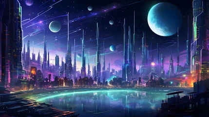  Futuristic city at night with moon and stars. 3D rendering © Iman
