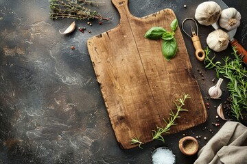 Top-down view of a vintage wooden cutting board with fresh herbs and garlic on a table