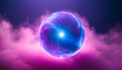 Fototapeta premium Abstract magical round energy sphere. Glowing ball. Neon blue and pink clouds on backdrop.