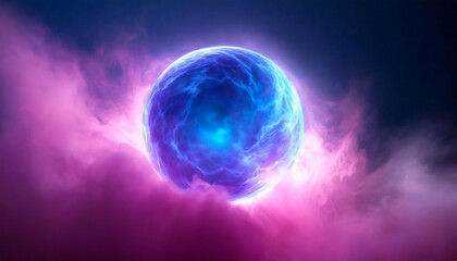 Fototapeta premium Abstract magical round energy sphere. Glowing ball. Neon blue and pink clouds on backdrop.