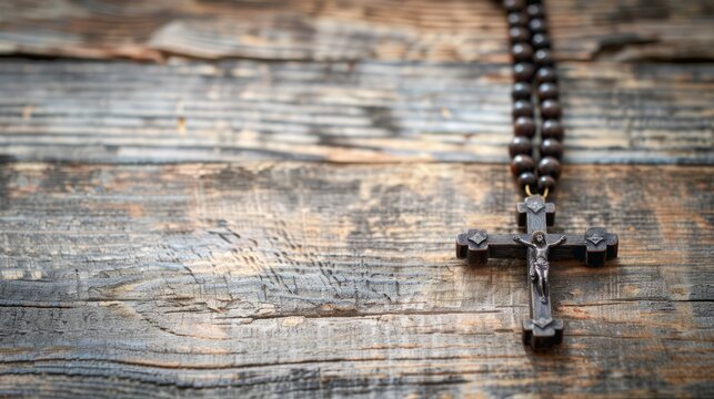 cross and beads on old wooden background
