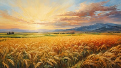 小麦畑の油絵_2 - obrazy, fototapety, plakaty