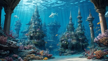An enchanting underwater scene featuring an intricate fantasy castle surrounded by diverse coral reefs and fish, giving off a serene yet mysterious aura.