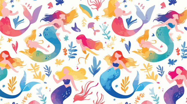 Watercolor seamless pattern with rainbow mermaids u