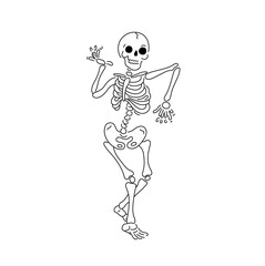 Vector isolated one single dancing happy funny skeleton dead man colorless black and white contour line easy drawing
