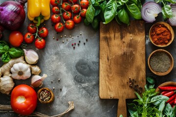 Various types of fresh organic vegetables neatly arranged around a well-used wooden cutting board
