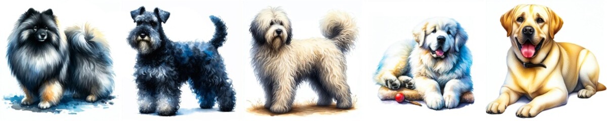 Watercolor Collection of Full-Body Dog Portraits on White Background. Set 18 from letft to right: Keeshond, Kerry Blue Terrier, Komondor, Kuvasz,  Labrador Retriever