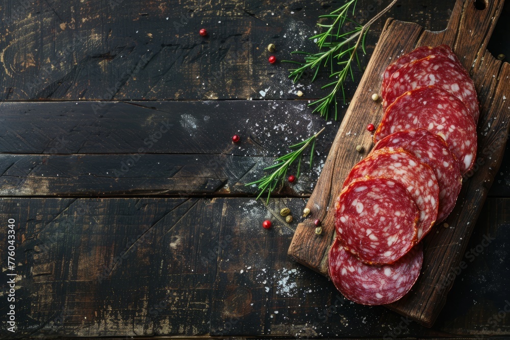 Wall mural A wooden cutting board topped with slices of salami - Wall murals