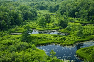 Fototapeta na wymiar A river cutting through dense, green foliage in a forest