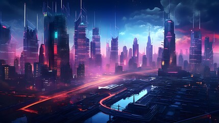 Futuristic city at night with lights and fog. 3d rendering