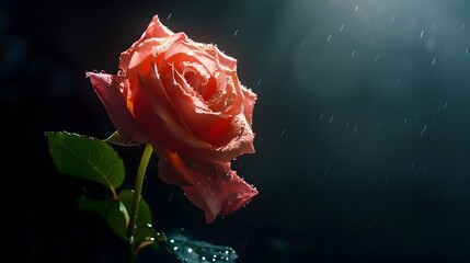 Captivating Rose Amid Raindrops Under Dramatic Lighting