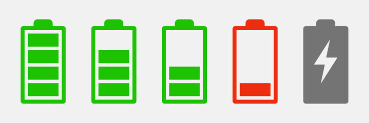 Battery charge indicator icons. Phone charge level. Discharged and fully charged battery. Battery charge from high to low.
