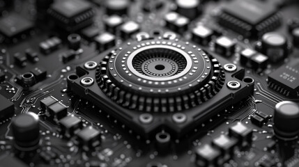 Close-up of a black and white circuit board with a central microchip and surrounding electronic components.