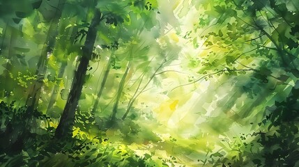 Lush Green Forest Bathed in Soft Sunlight - Tranquil Woodland Landscape with Dappled Foliage