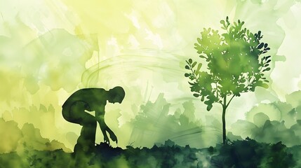 Person Planting a Tree in a Blended Green Watercolor Landscape,Celebrating Reforestation and Renewal - obrazy, fototapety, plakaty
