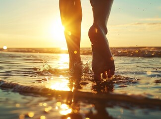Closeup of man's feet walking on the beach during a golden sunset.