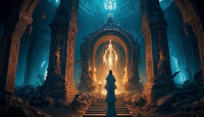 A cloaked figure approaches an ethereal statue enshrined in light, amid the ruins of an ancient, ornate hall, stirring a sense of mysticism and ancient lore. - obrazy, fototapety, plakaty