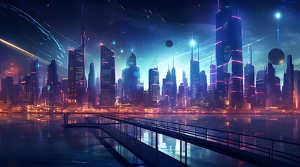 Futuristic city at night with neon lights, 3d rendering
