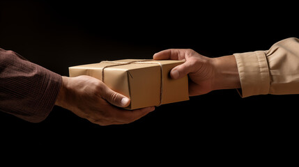 A mans hand passing a brown cardboard box to another persons hand on a black background