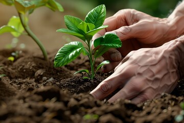 Hands delicately transplanting a young plant, gentle care, ensuring proper placement