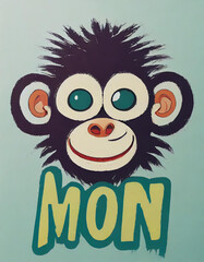 Drawing of a funny face of a small monkey is isolated on a white background. A cheerful character in a light green t-shirt is drawn in a cartoon style, Vector illustration.