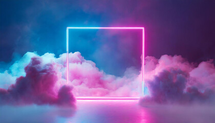 Pink and blue neon light frame in the clouds with copy space. 3D rendering. Abstract background.