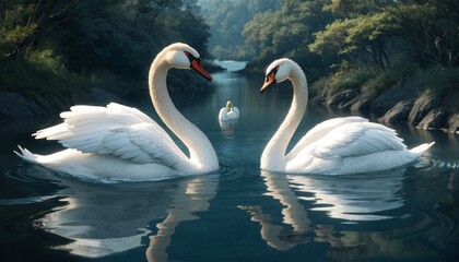 Two elegant swans engage in a courtship ritual, with their necks forming a heart shape on a tranquil river, as a misty forest backdrop adds to the scene's serenity.