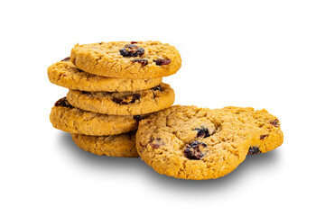 Stack of crispy oat flakes and cranberry biscuits isolated on white background with clipping path.