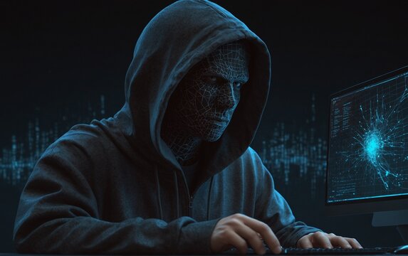 Abstract digital hacker. Cyber security concept. A man wearing a hoodie with a hidden face in front of a computer. Cyber attack and data hack. Fraud man. 3D Vector polygonal wireframe illustration, Ve