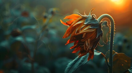Wilted Sunflower Bud Under Scorching Sunlight,Mirroring the Feeling of Exhaustion and Headache - obrazy, fototapety, plakaty