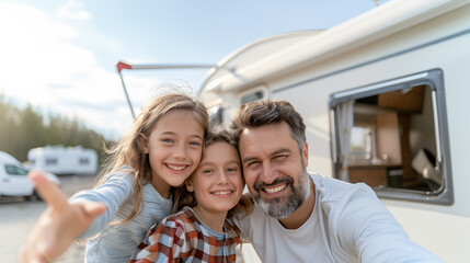 Caravanning vacations. Young Caucasian family of father and two daughters taking a selfie with the caravan.