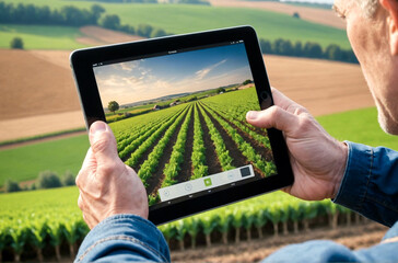 Farmer hold tablet in field amidst the rural countryside