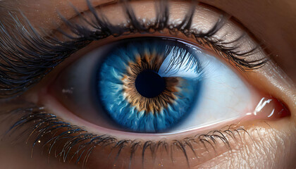 Realistic Macro View of Human Eye in Blue Color - obrazy, fototapety, plakaty