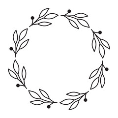 Circular Leaf Wreath Line Art Vector Illustration