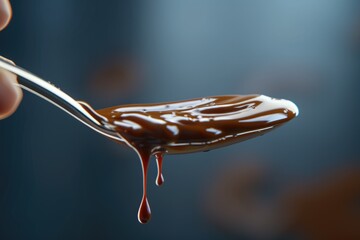Fototapeta premium A vertical shot of a Dripping melted chocolate from a spoon held by a man.