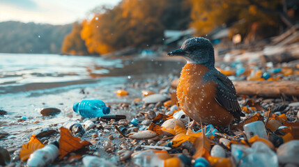 Kingfisher bird perched by a riverbank with colorful autumn leaves and scattered pebbles, highlighting nature's beauty and serenity. - obrazy, fototapety, plakaty