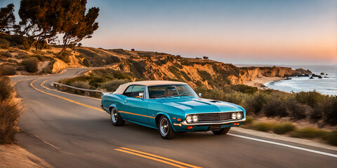 1960s California summer: vintage car cruising coastal highway - Powered by Adobe