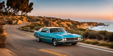 Gordijnen 1960s California summer: vintage car cruising coastal highway © evgeeenius