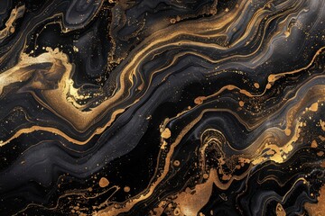 Luxury black marble with gold textures and fluid illustration.