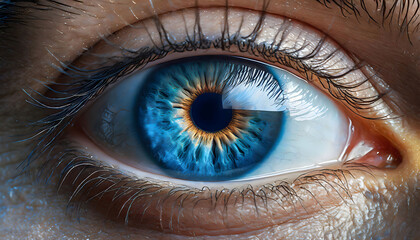 Realistic Macro View of Human Eye in Blue Color - obrazy, fototapety, plakaty