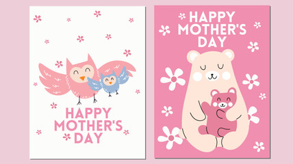 Happy Mothers day, card designs. Cute wild animal families,  cute bear, owl parents, jungle mommies with little baby's. Flat graphic vector illustrations