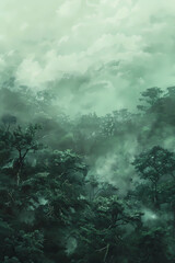 A dense forest with some trees that have curled and drooping branches